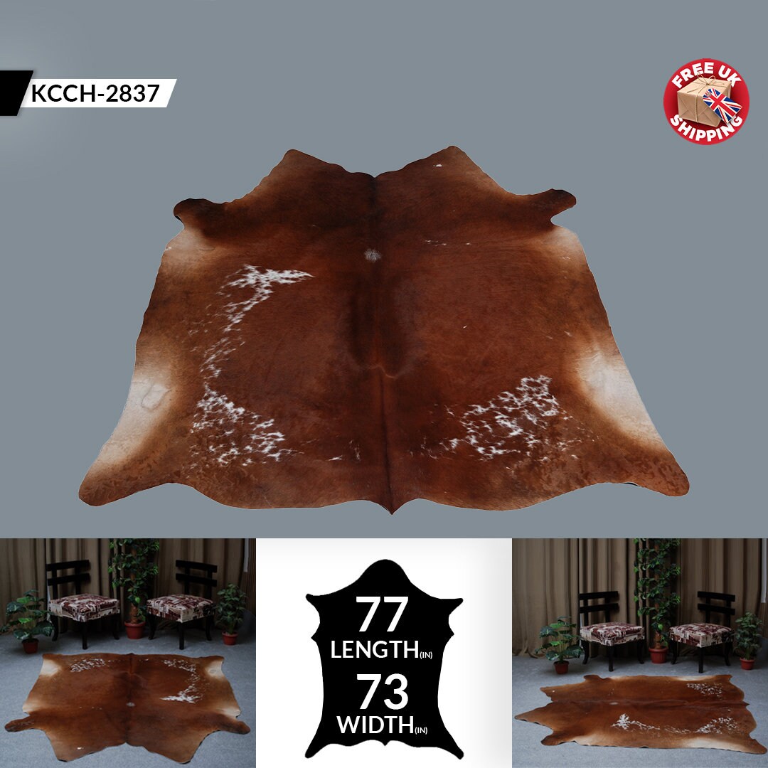 Luxury Brown & White Cowhide Rug for Elegant Home Décor - Hypoallergenic - Non-Slippery Suede Back - Large Size - Free Shipping in UK
