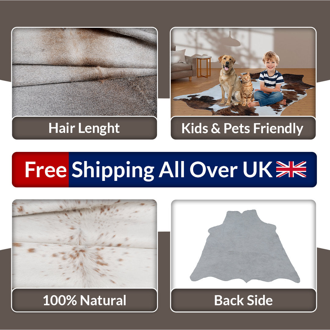Luxury Grey & White Cowhide Rug - Large Spotted Hair Rug for Bedroom - Living Room - Hypoallergenic, Non-slip Backing, Non-shedding - Free