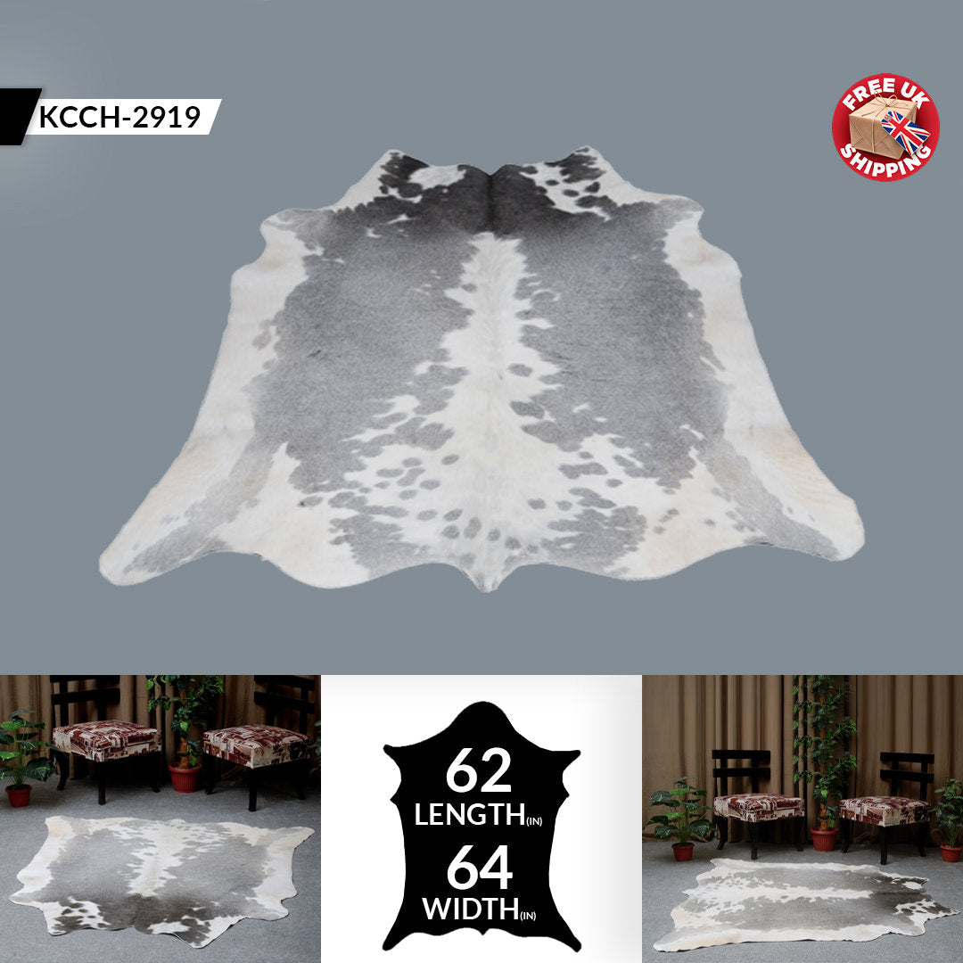 Luxurious Grey & White Spotted Cowhide Rug for Bedroom - Living - Hypoallergenic - Non-Slip - Free UK Shipping - Elegant Home Décor