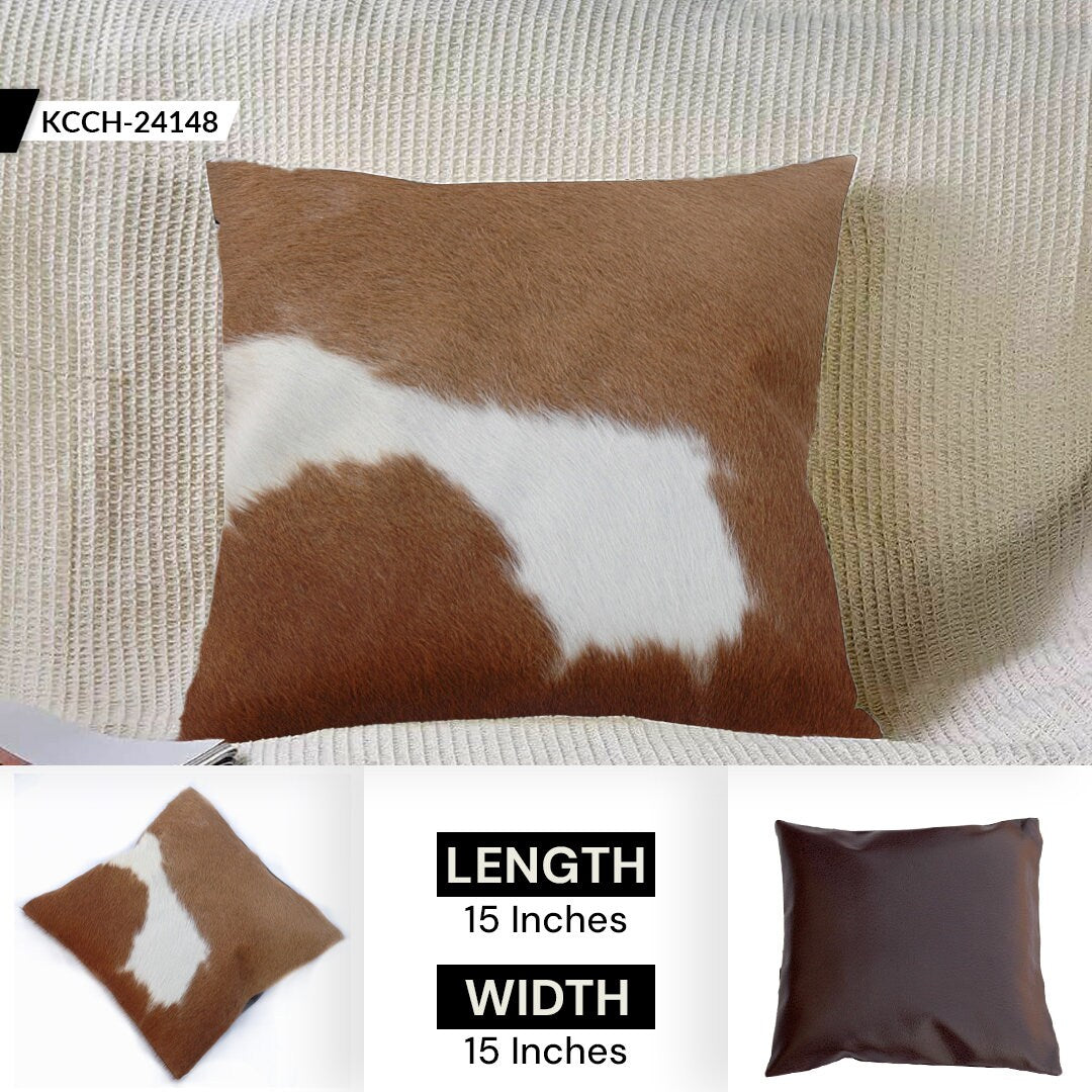 Luxurious Handmade Brown and White Cowhide Accent Cushion Cover for Sofa - Unique Hair-on Leather Design - Hidden Zipper Closure