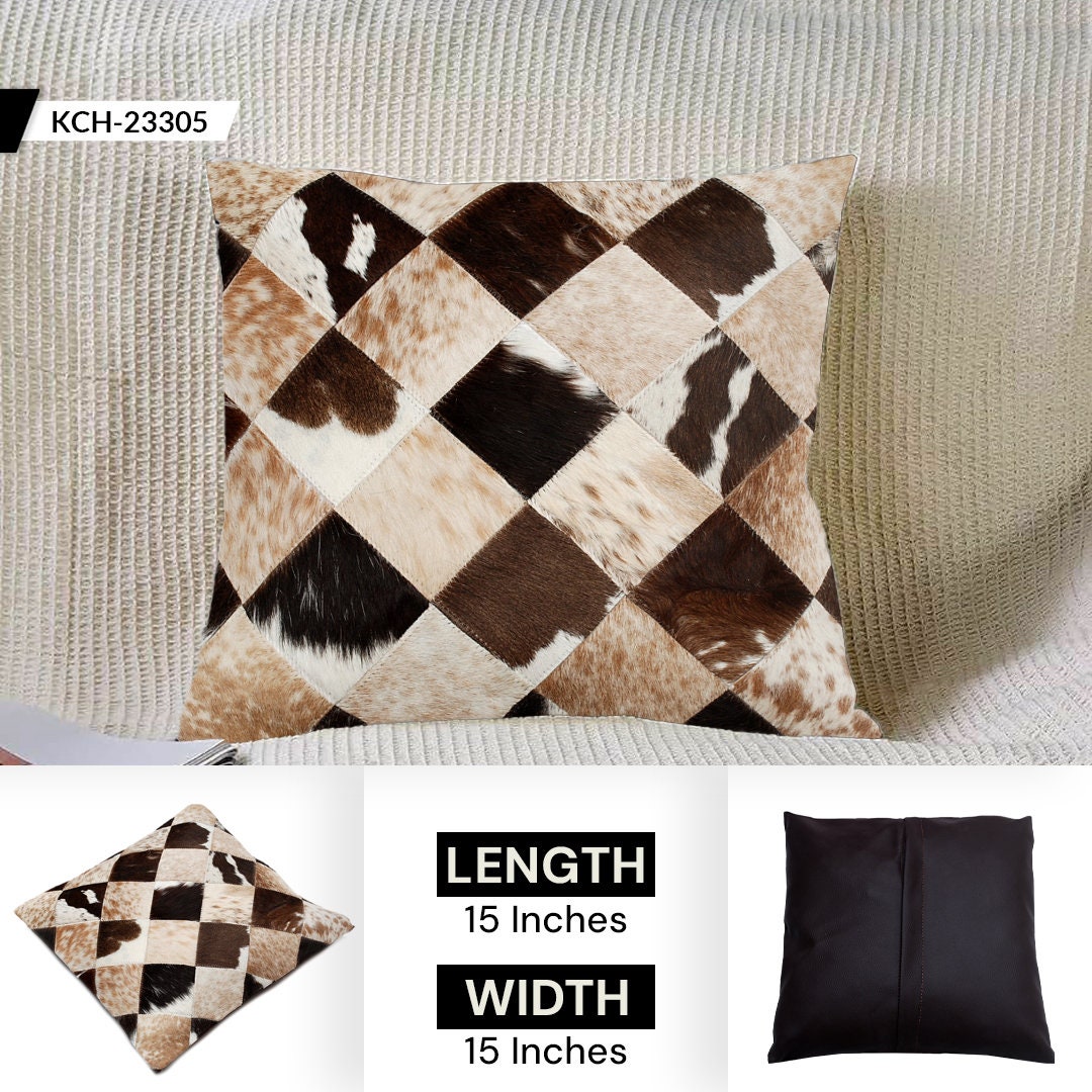 Stunning Multicolor Patchwork Cowhide Cushion Cover with Hypoallergenic Design-Includes Unique Animal Patterns & Soft Faux Leather Back