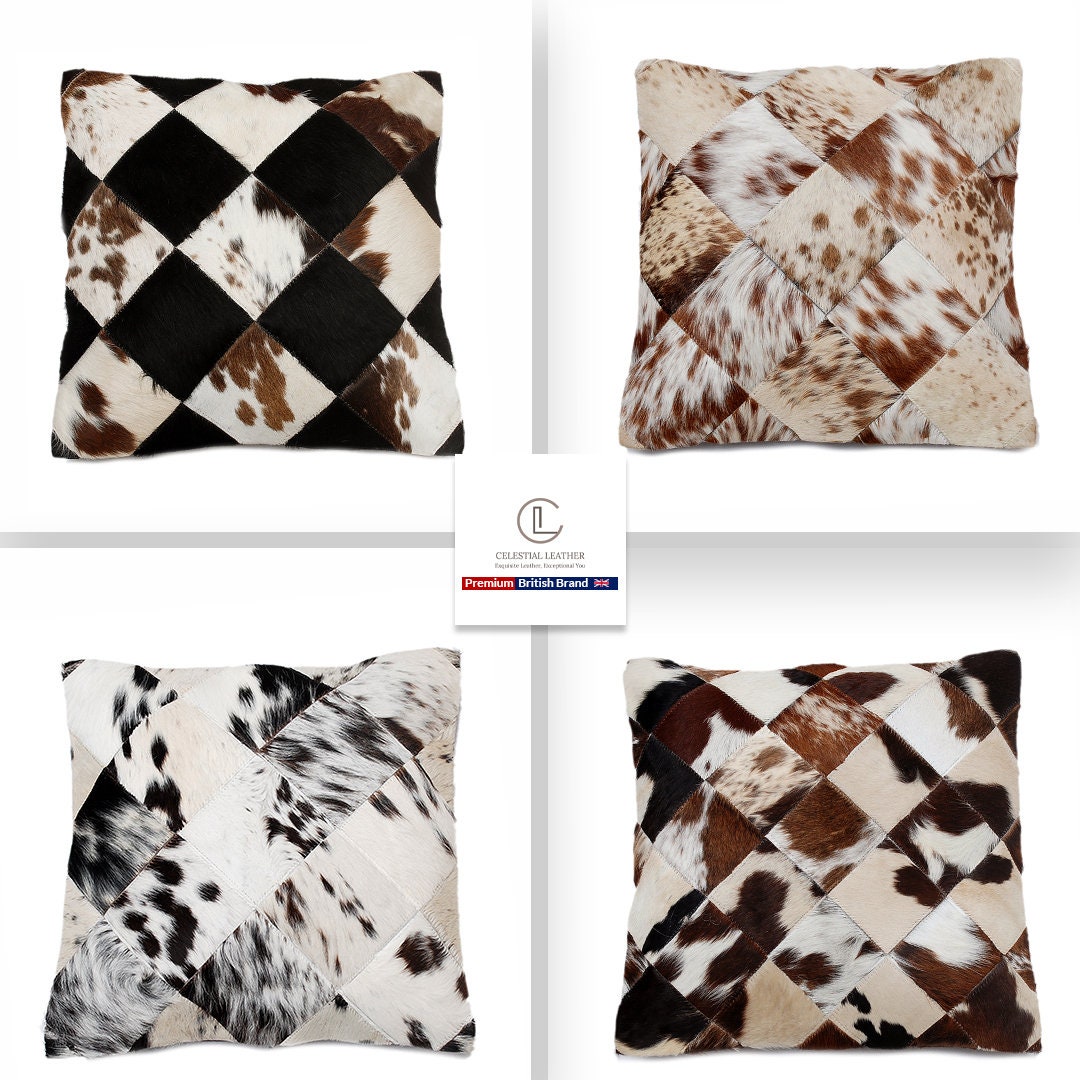 Luxurious Handmade Multicolour Patchwork Cowhide Cushion Cover for Non-Shedding Sofa - Soft Natural Hair, Unique Rustic Charm, Durable