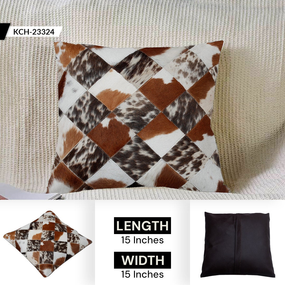 Luxurious Multicolor Patchwork Cowhide Cushion Cover - Handmade Natural Hide Throw Pillow Case - Rustic Elegance for Sofa or Bed