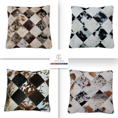 Luxurious Handmade Multicolor Patchwork Cowhide Cushion Cover for Natural Elegance & Rustic Charm