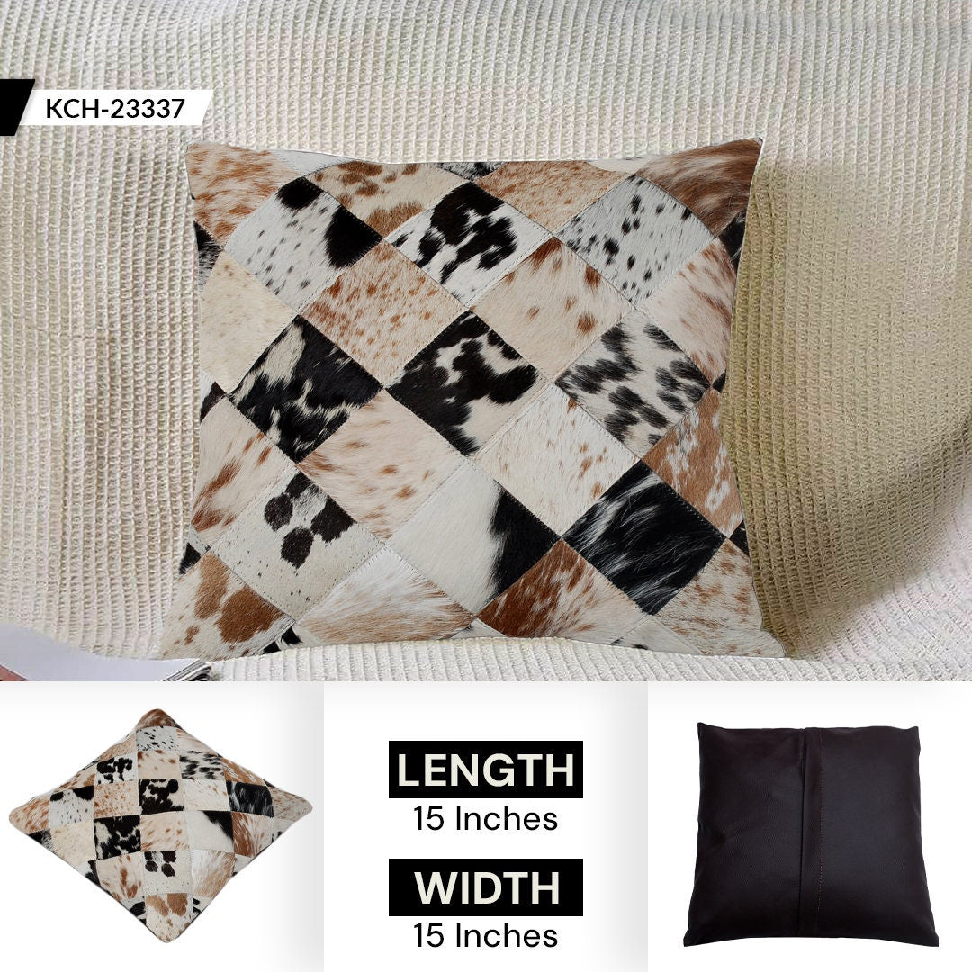 Luxury Multicolor Handmade Cowhide Patchwork Cushion Cover - Hypoallergenic Rustic Elegance & Natural Beauty
