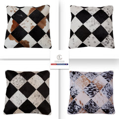 Luxurious Handmade Multicolor Patchwork Cowhide Cushion Cover - Stylish, Natural, and Unique!