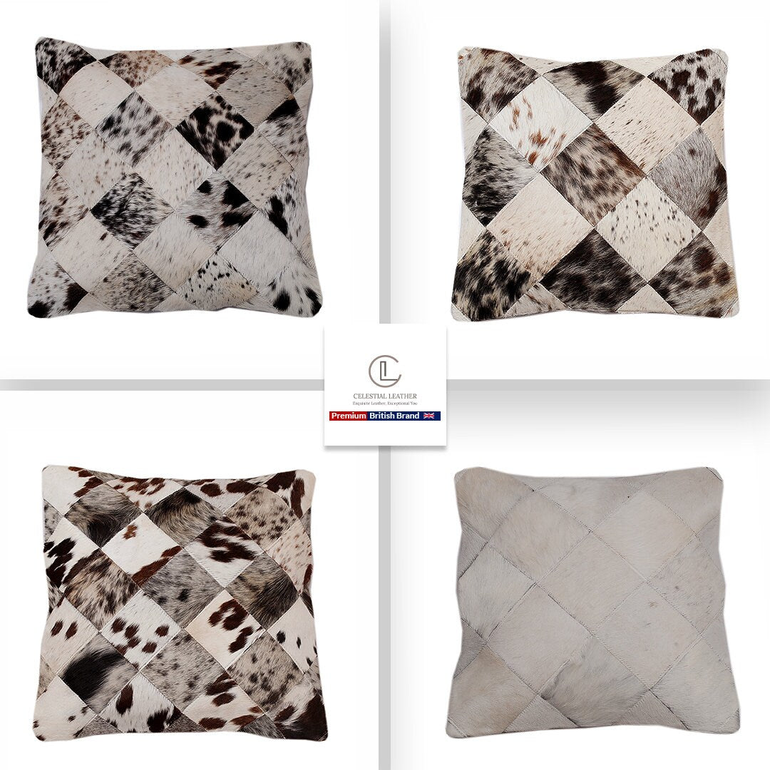 Luxurious Handmade Multicolor Patchwork Cowhide Cushion Cover with Hypoallergenic Design and Rustic Charm
