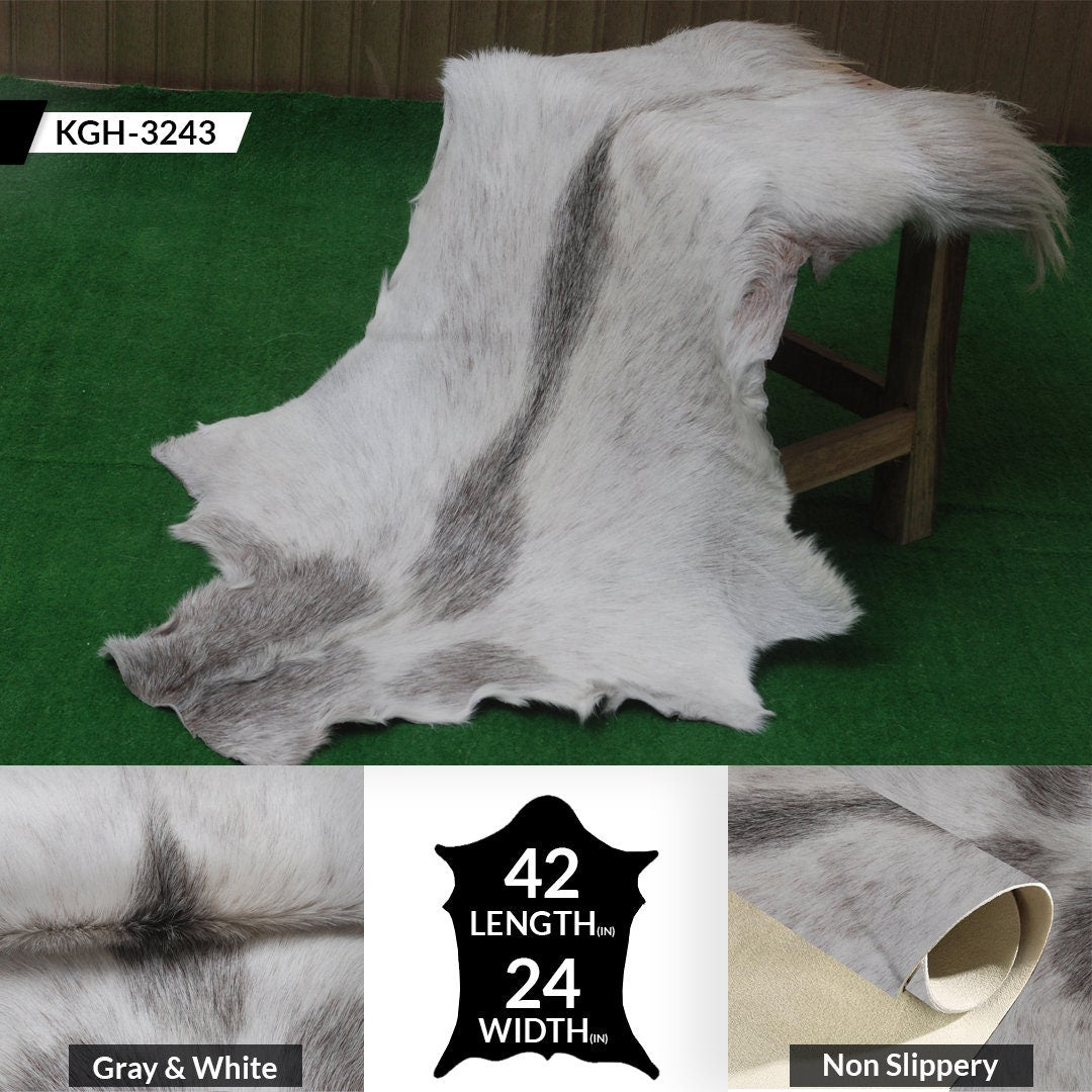 Luxurious Grey and White Goat Skin Rug - Eco-Friendly and Hypoallergenic Natural Leather Wall Decor - Soft, Kid & Pet-Friendly, Non-Slip