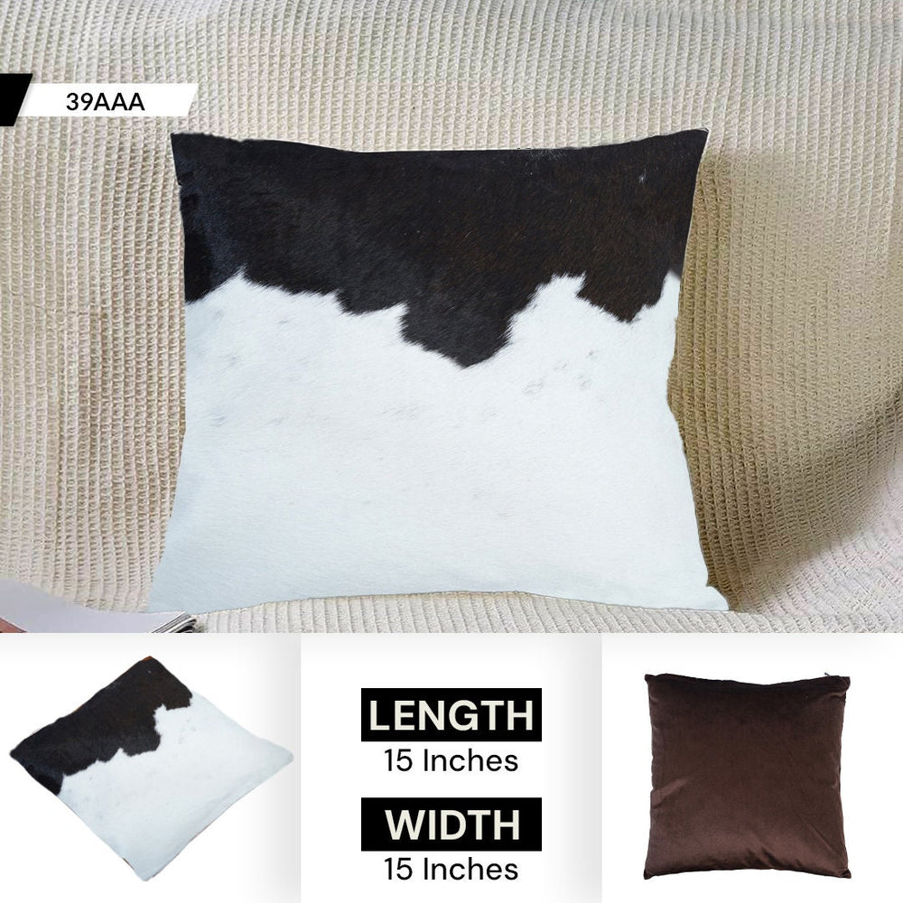 Rustic Elegance: Handmade Cowhide Pillow Cover with Velvet Back - Reversible Hair On Cushion Case in Brown, Black, and White - Celestial Leather Limited