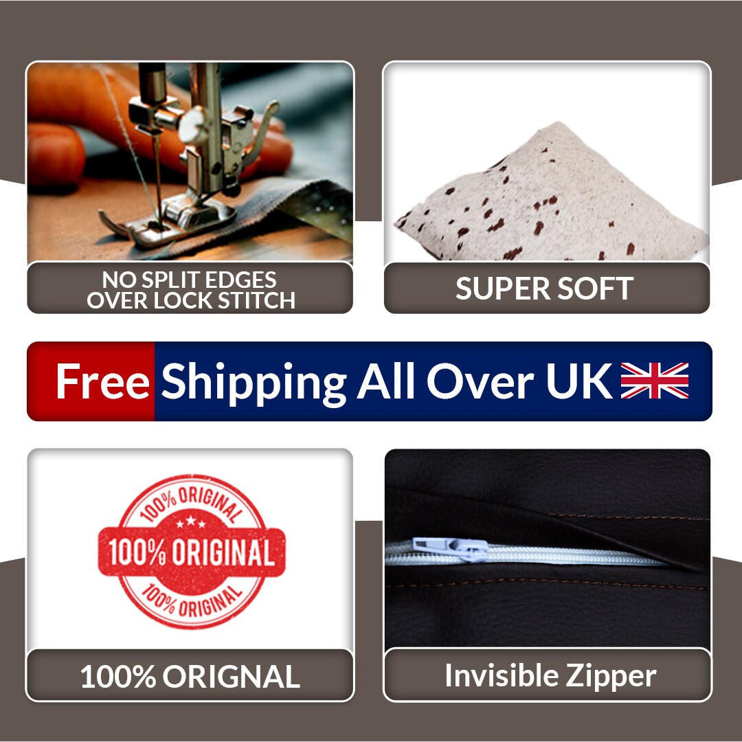 Luxurious Handmade Brown & White Cowhide Cushion Cover with Animal Print - Rustic Elegance for Home Decor