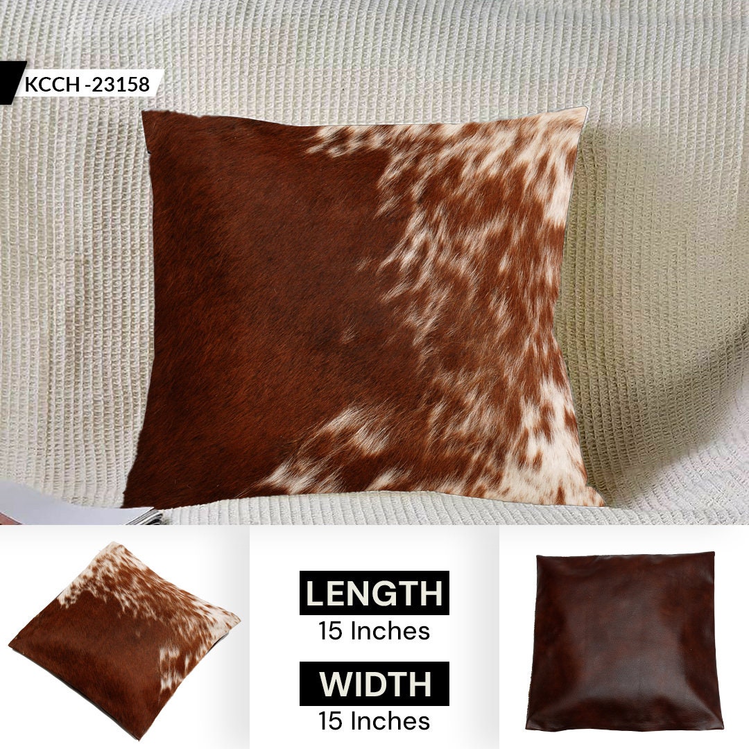 Handmade Brown and White Cowhide Cushion Cover - Luxurious 100% Natural Cowhide Throw Pillow Cover for Rustic Elegance