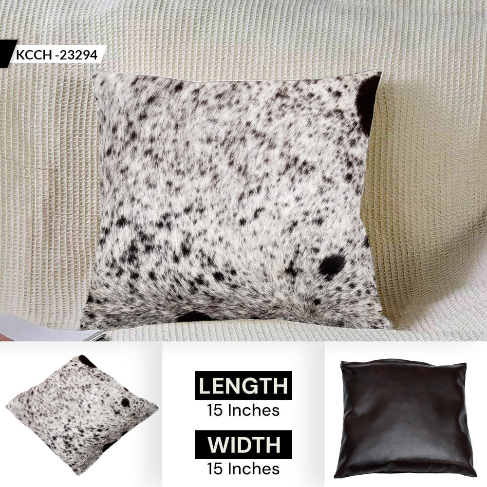 Luxurious Handmade Brown and White Cowhide Cushion Cover with Soft Faux Leather Back - Celestial Leather Limited