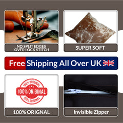 Luxurious Handmade Brown & White Cowhide Cushion Cover with Faux Leather Back