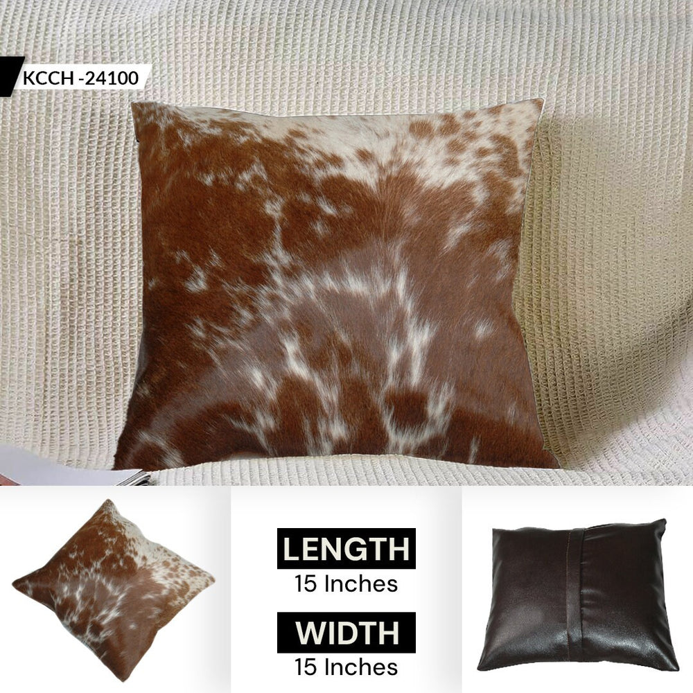 Luxurious Handmade Brown and White Cowhide Cushion Cover with Faux Leather Back - Celestial Leather Limited