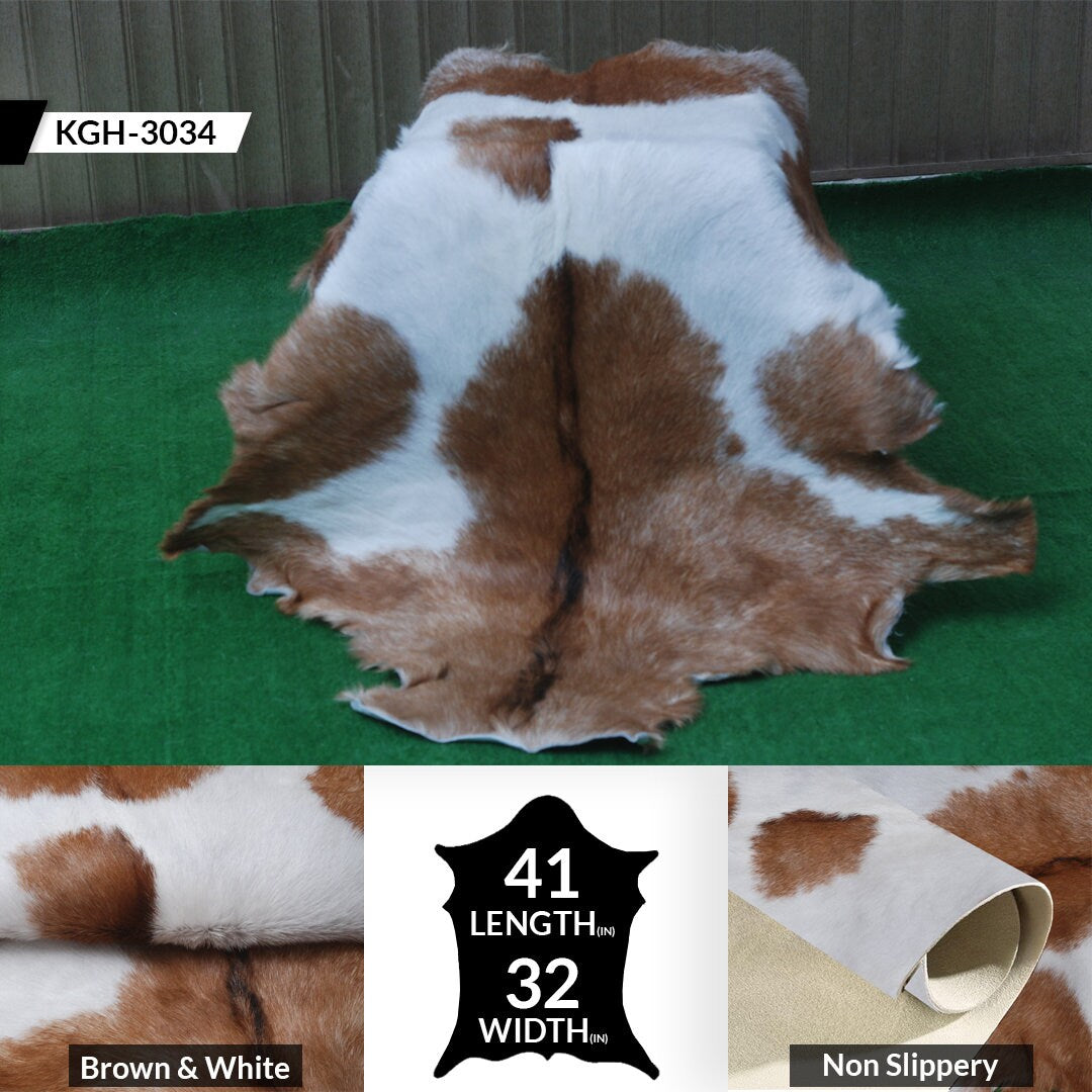 Luxurious Brown White Goat Skin Rug - Soft, Durable & Eco-Friendly - Perfect for Kids - Pets - Hypoallergenic - Non-Slip Suede Back - Celestial Leather Limited