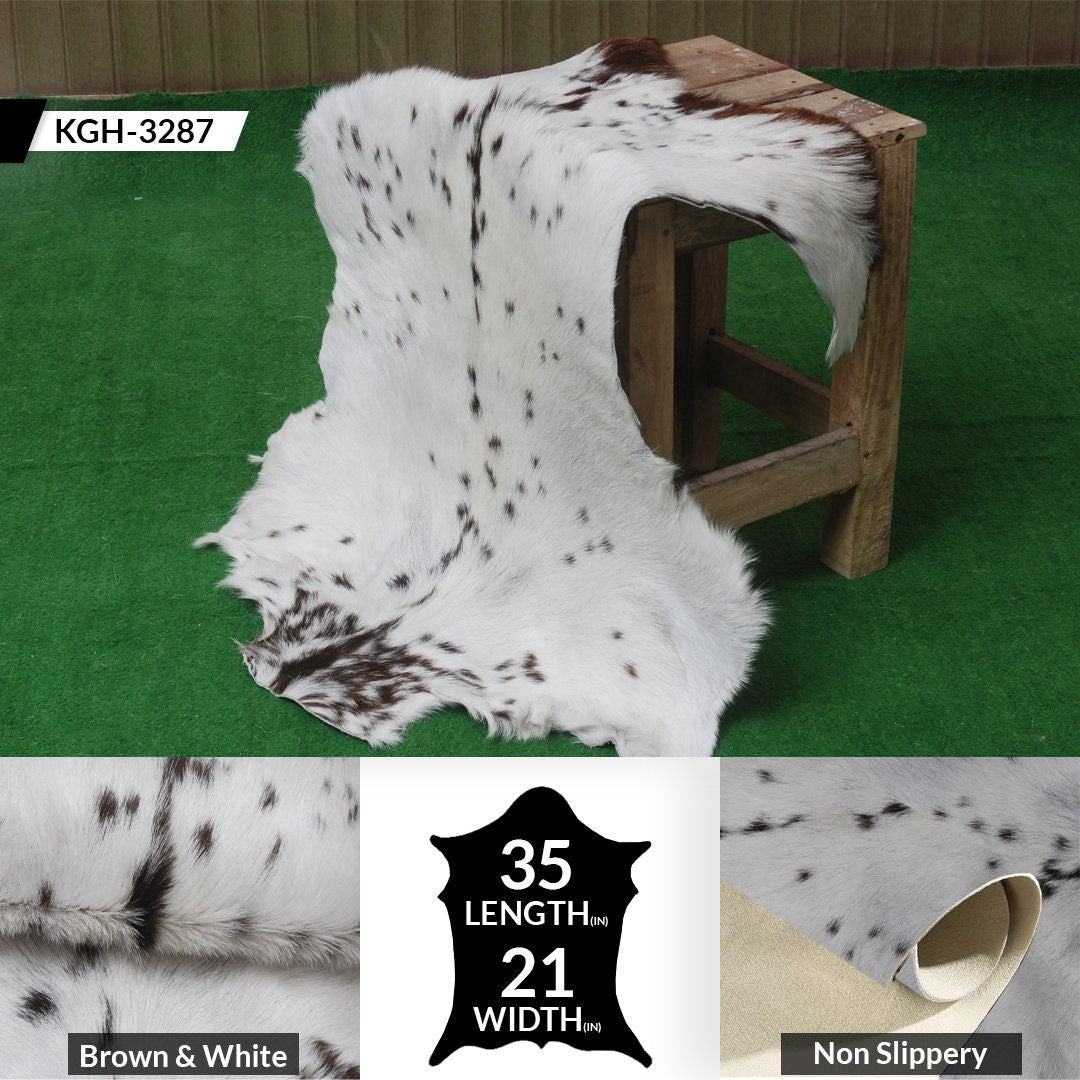 Luxury Brown & White Genuine Goat Hide Rug | Handcrafted Hair-On Goatskin | Eco-Friendly - Hypoallergenic | Premium Natural Goat Skin Rug