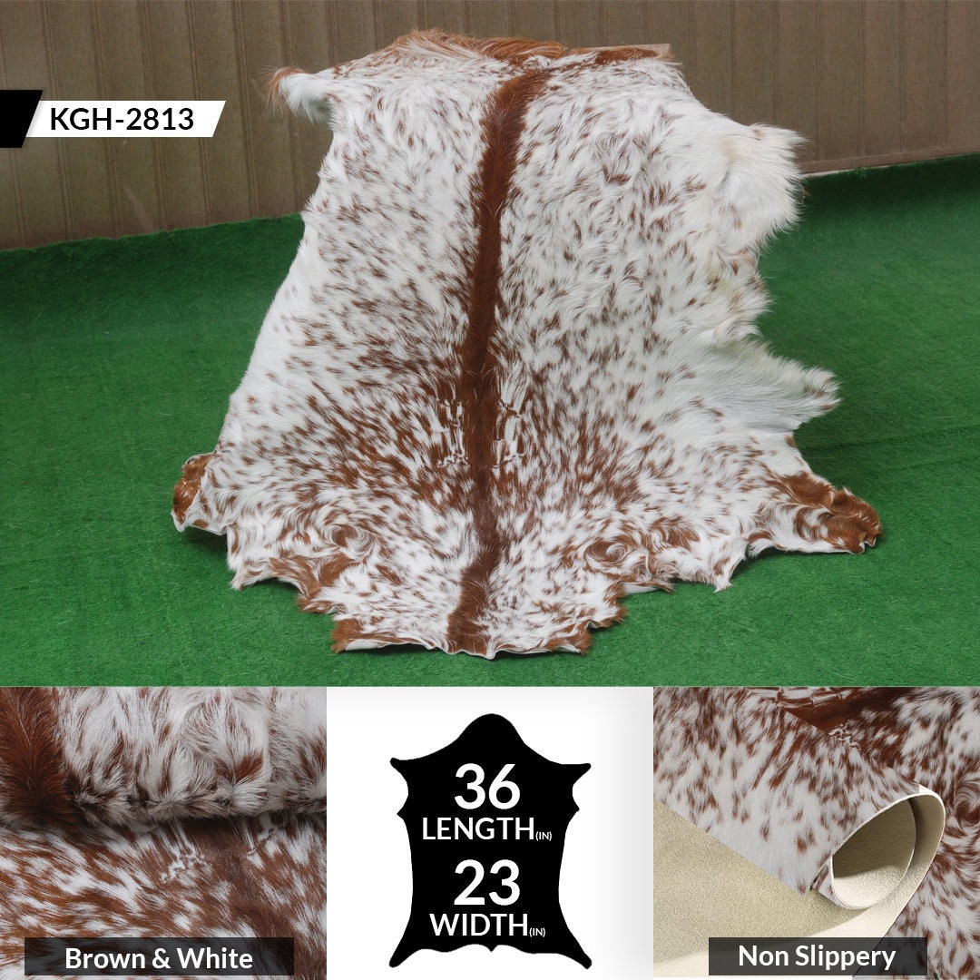 Luxury Brown and White Goat Hide Rug - Premium Handcrafted Hair-on Goatskin Rug with Non-Slip Suede Back, Sustainable and Eco-Friendly - Celestial Leather Limited