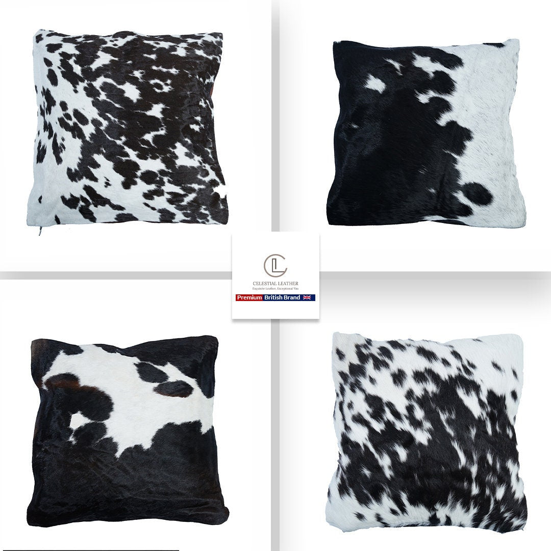 Luxurious Handmade Cowhide Accent Cushion Cover with Soft Velvet Back - Rustic Decorative Pillow Case - Celestial Leather Limited