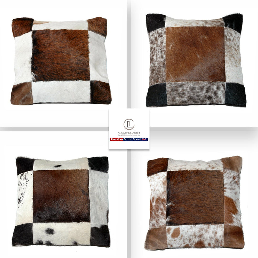 Rustic Elegance: Handmade Multicolor Patchwork Cowhide Cushion Cover - Luxurious 100% Natural Leather with Unique Animal Patterns - Celestial Leather Limited