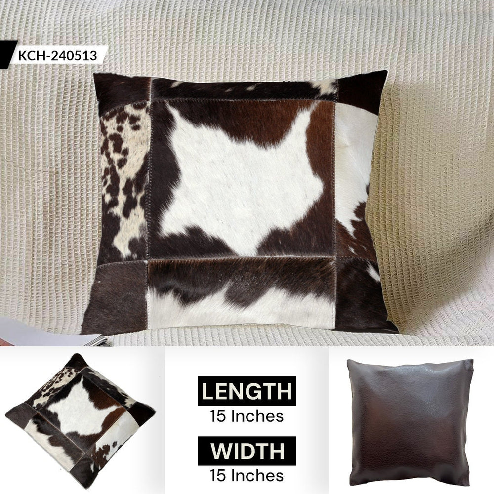Luxurious Multicolor Patchwork Cowhide Cushion Cover with Faux Leather Back - Handmade Rustic Elegance and Natural Beauty - Celestial Leather Limited