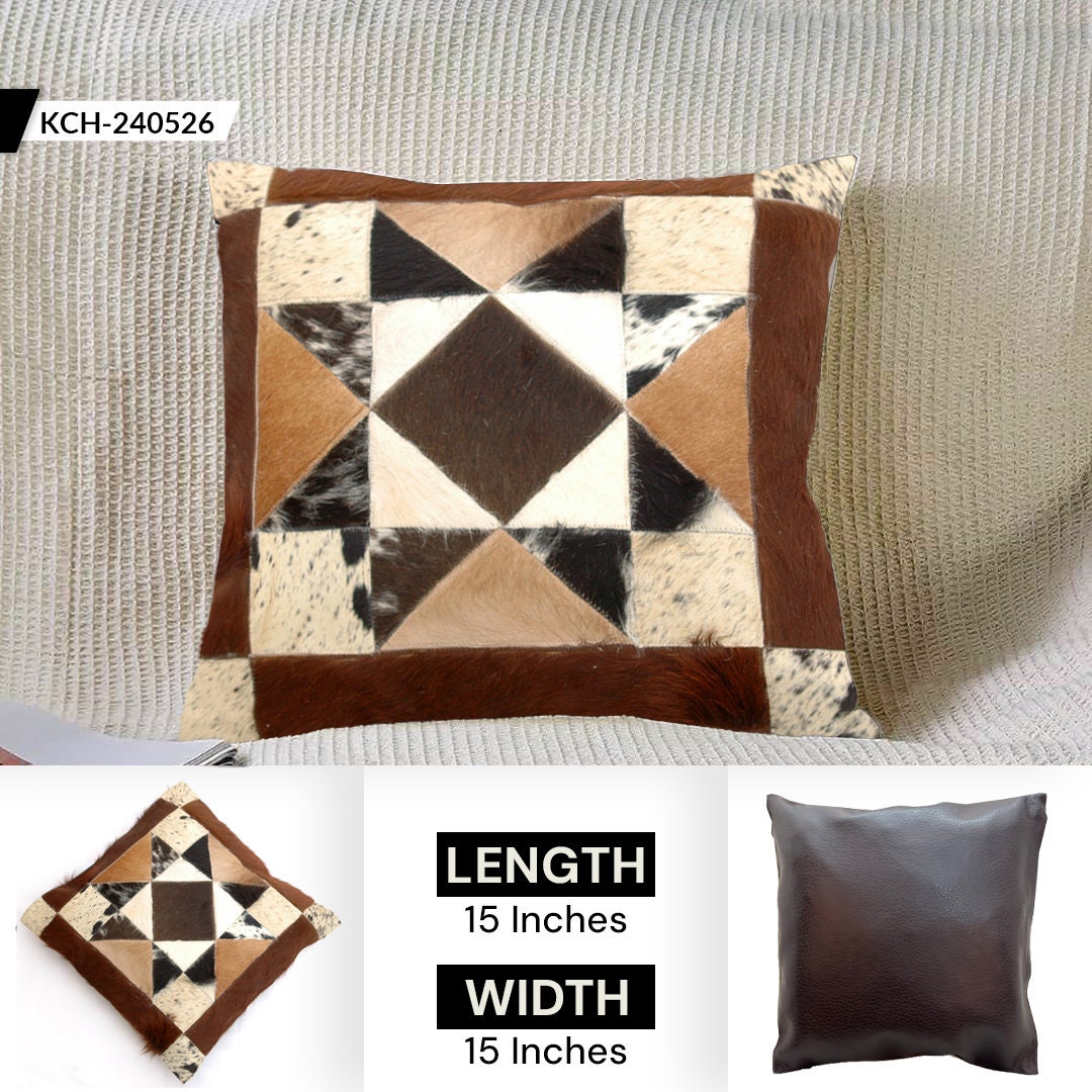 Handmade Multicolor Patchwork Cowhide Cushion Cover for Rustic Elegance and Natural Beauty - Celestial Leather Limited