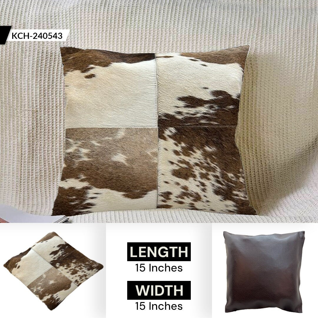 Luxury Multicolor Cowhide Patchwork Cushion Cover - Handmade Rustic Elegance with Hypoallergenic Leather Back, 15x15cm - Celestial Leather Limited