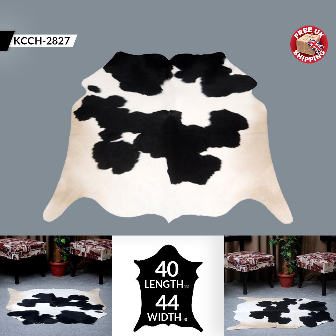 Luxurious Handcrafted Black and White Cowhide Rug - Hypoallergenic, Non-Slip Backing, Unique Markings - Durable and Versatile Home Decor