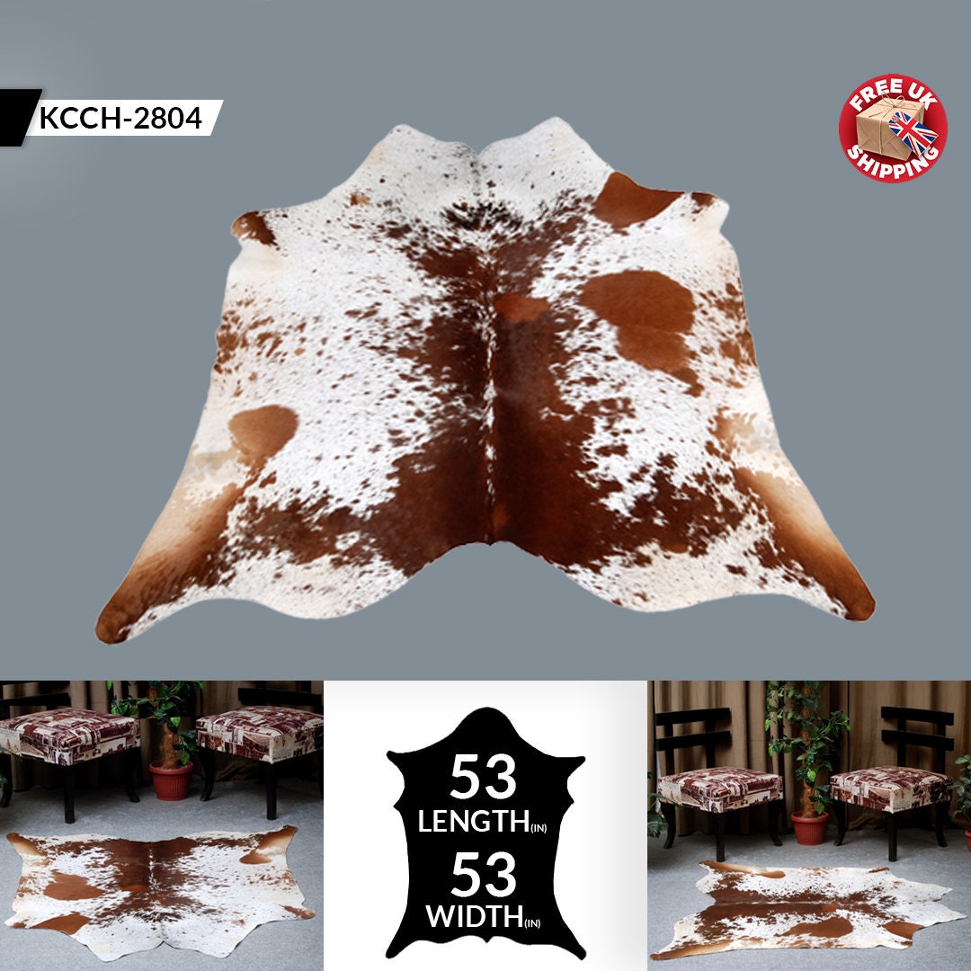 Luxury Brown & White Cowhide Rug - Hypoallergenic Non-Slip Backing - Handcrafted Natural Hide - Durable - Versatile Rustic Charm