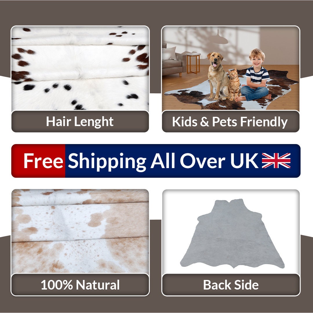 Luxurious Brown and White Cowhide Rug - Large Size - Hypoallergenic, Non-Slippery, Non-Shedding - Top Quality Exotic Natural Pattern Rug