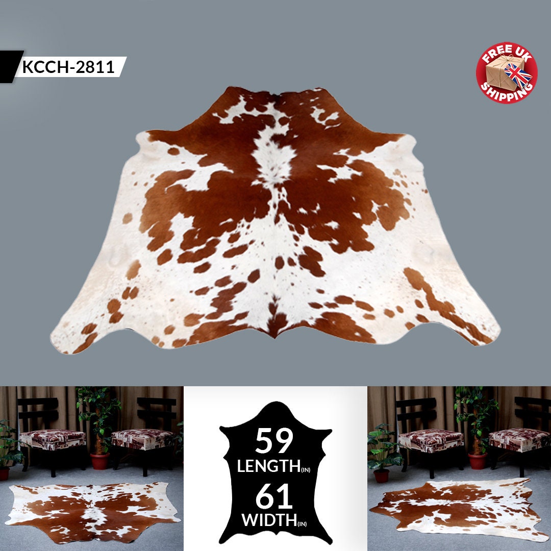 Luxurious Brown and White Cowhide Area Rug | Hypoallergenic Natural Cow Hide Skin Carpet | Non-Slip Backing | Free UK Shipping