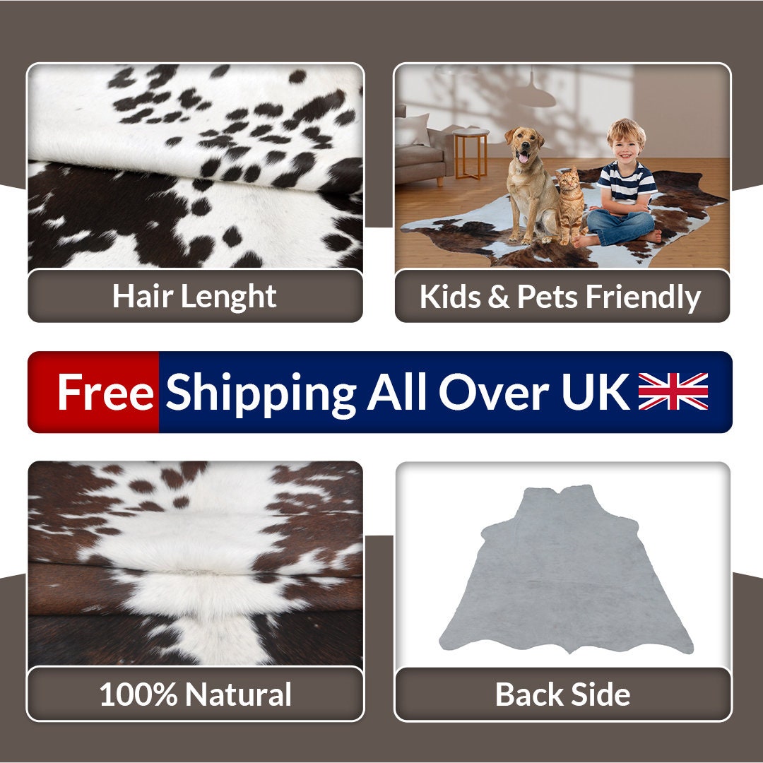 Natural Dark Brown and White Cowhide Rug - Hypoallergenic, Non Slippery, Non Shedding - Handcrafted Premium Hide - Free Shipping in UK