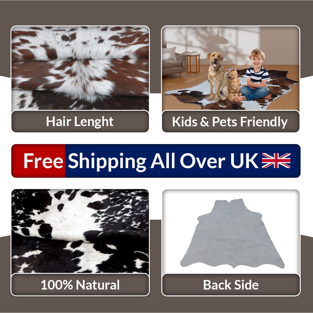 Luxurious Handcrafted Dark Brown & White Cowhide Rug - Hypoallergenic - Durable with Unique Markings, Medium Size for Chic Home Decor