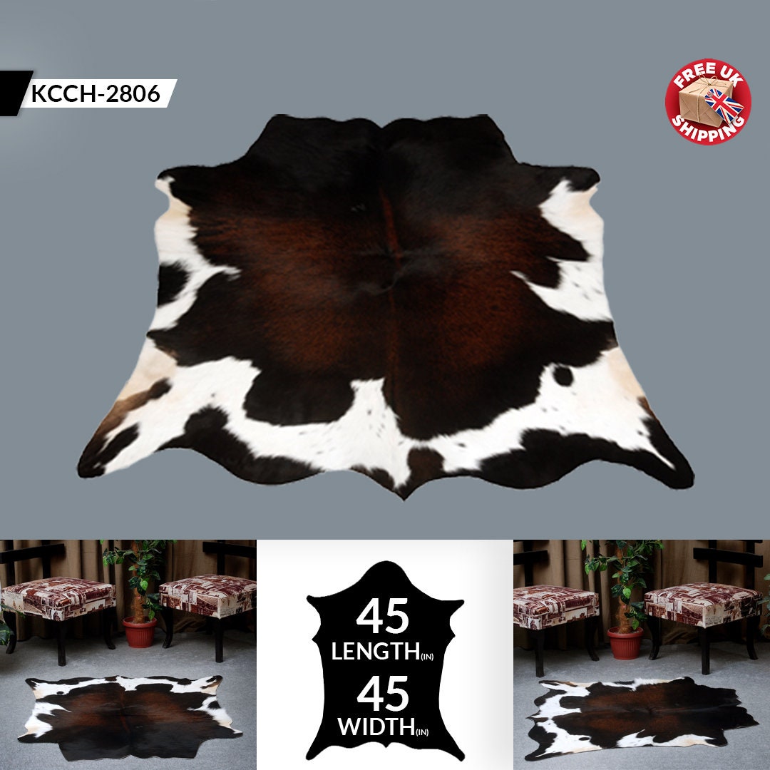 Luxurious Dark Brown & White Cowhide Rug | Medium Size Area Rug with Hypoallergenic, Non-Slip Backing | Handcrafted Natural Hide for Rustic