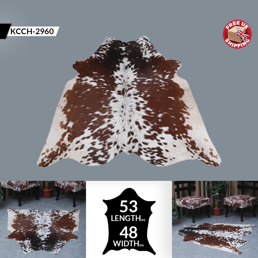 Luxurious Handcrafted Dark Brown & White Cowhide Rug - Hypoallergenic - Durable with Unique Markings, Medium Size for Chic Home Decor