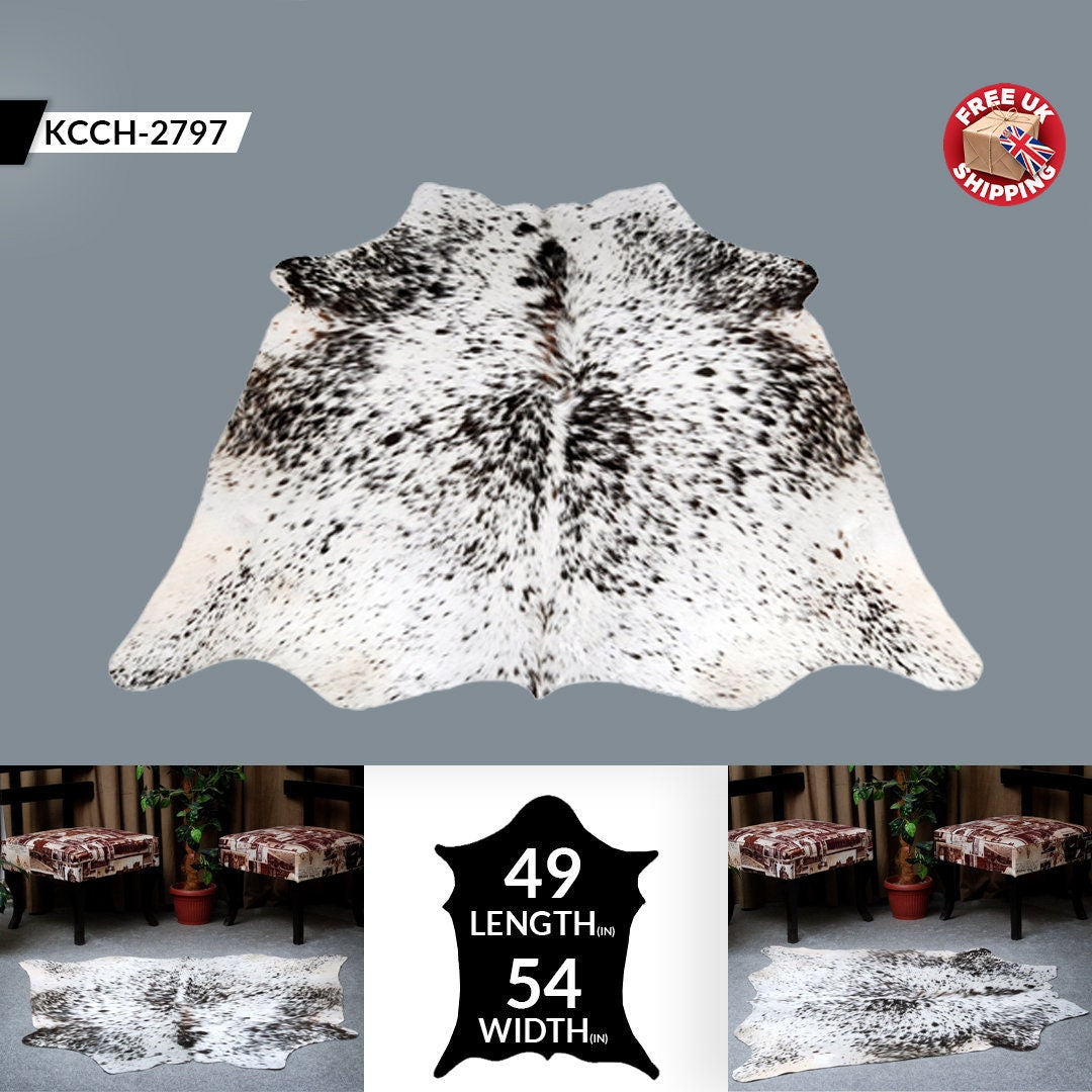 Luxurious Black & White Cowhide Rug - Hypoallergenic Medium Size with Unique Markings - Handcrafted Natural Beauty for Home Decor
