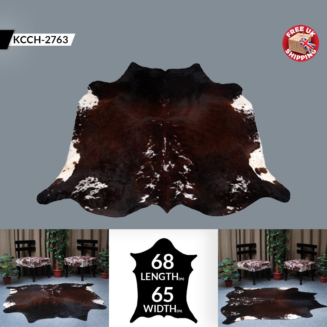 Luxurious Dark Brown & White Brazillian Cowhide Rug - Extra Large, Hypoallergenic, Non Slippery Suede Back, Non Shedding - Hand Selected
