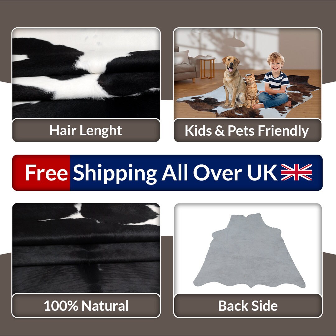 Luxury Black and White Cowhide Rug - Hypoallergenic & Non-Slip Backing, Handcrafted Natural Hide, Unique Markings, Durable and Versatile Rug