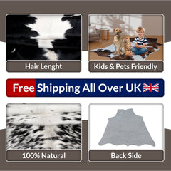 Luxurious Black & White Cowhide Rug for Bedroom - Living Room - Hypoallergenic, Non-Slip, Unique Natural Beauty - Free Shipping in UK!