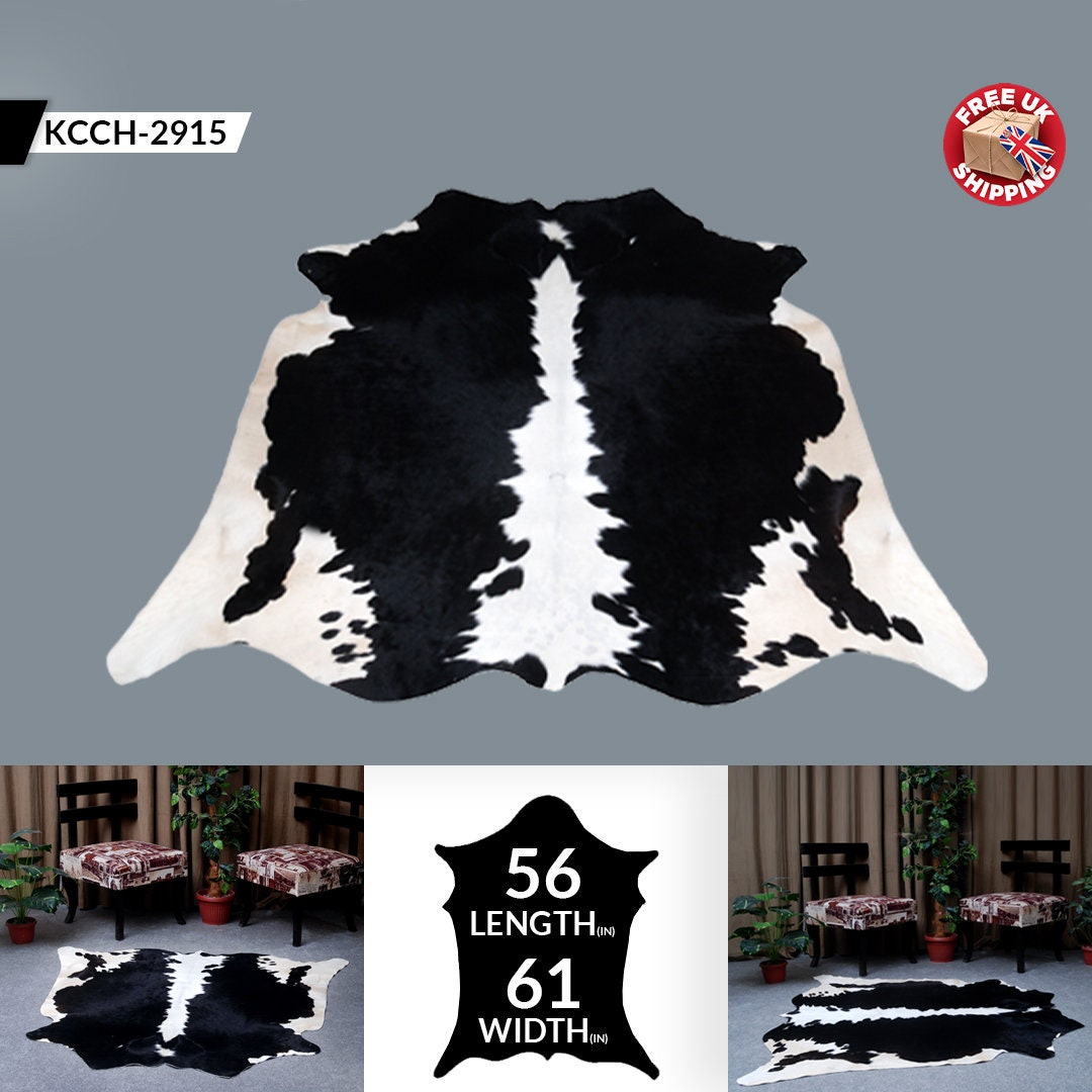 Luxurious Black & White Cowhide Rug | Large Spotted Hair Rug for Bedroom/Living Room | Hypoallergenic - Non-Slip Suede Back | Unique Natural