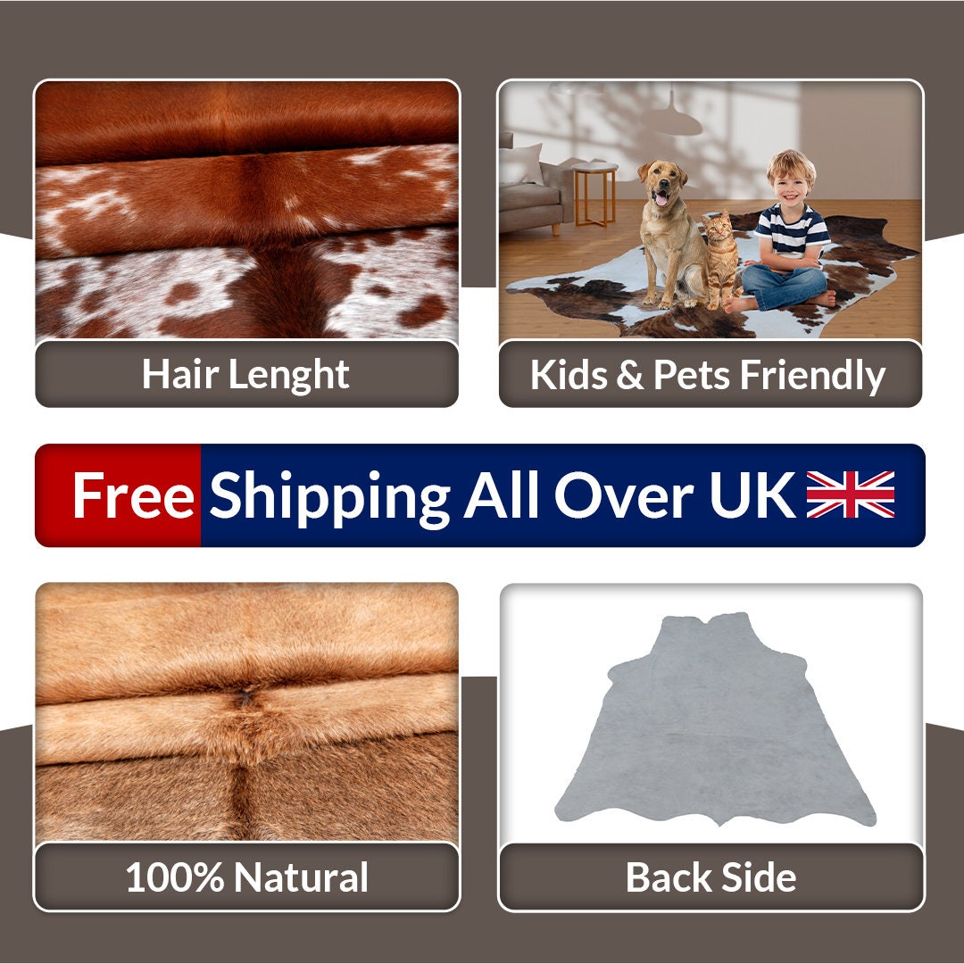 Luxury Brown & White Cowhide Rug | Hypoallergenic - Non-Slip | Large Area Rug for Bedroom - Living Room | Top Quality - Free UK Shipping