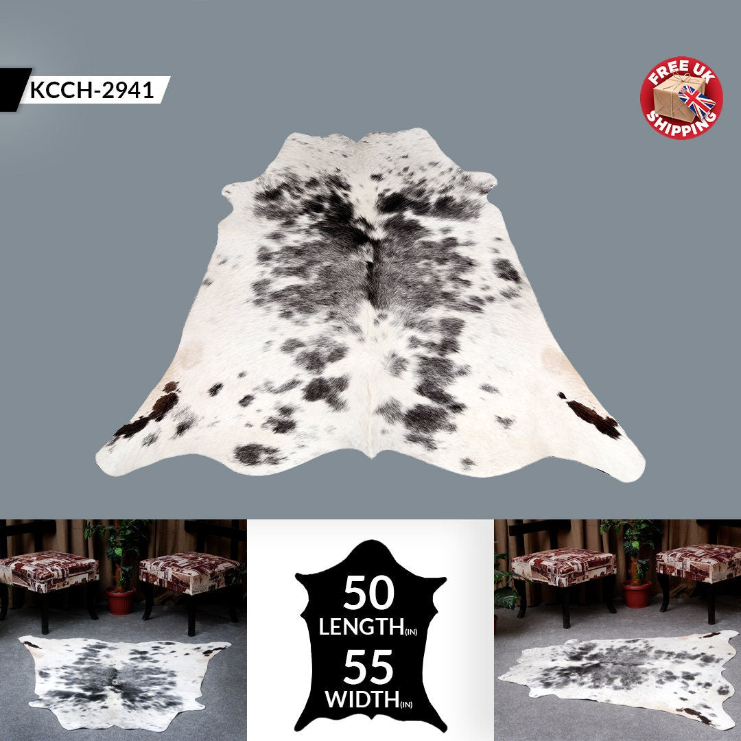 Luxury Grey & White Cowhide Rug - Hypoallergenic, Handcrafted, Unique Beauty - Medium Size for Lounge Décor