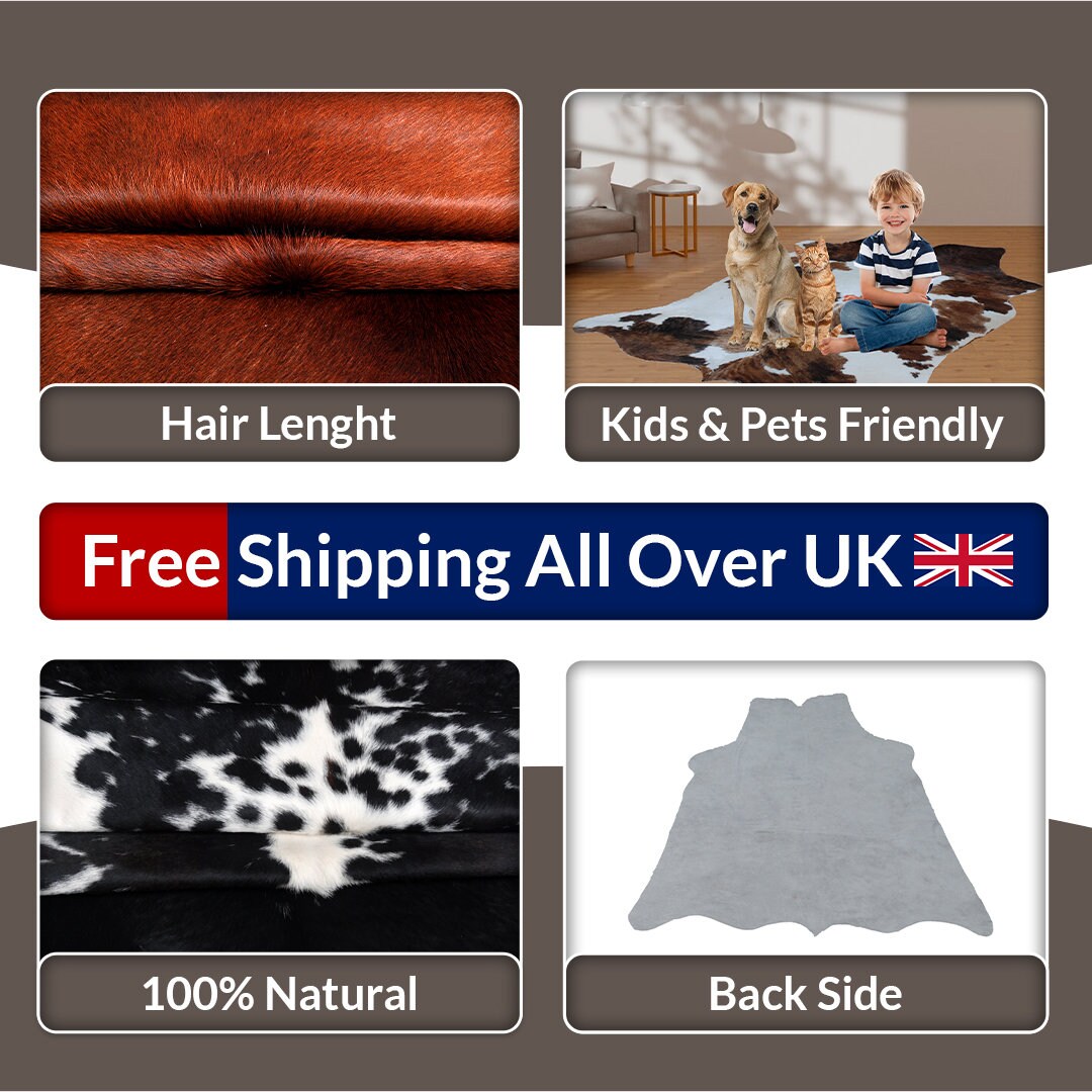 Luxurious Black & White Cowhide Rug - Hypoallergenic, Non-slip, Unique Natural Beauty - Stylish Bedroom - Living Room Décor - Free UK