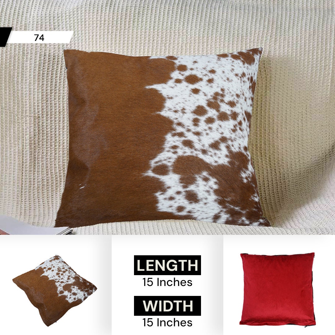 Rustic Elegance Cowhide Cushion Cover with Velvet Back - Handmade Luxury Accent Pillow Case in Brown, Black, and White - Celestial Leather Limited