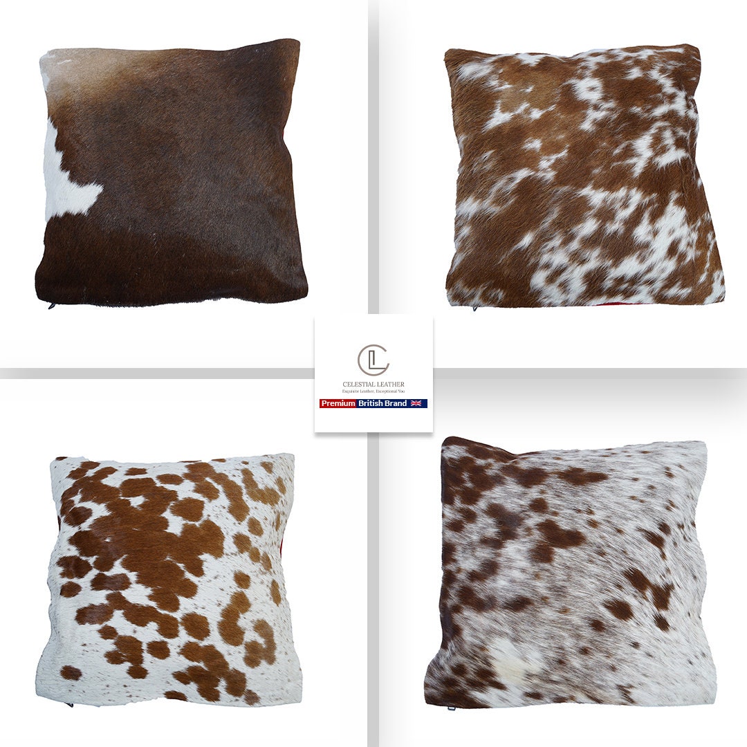 Rustic Cowhide Cushion Cover with Velvet Back - Handmade Reversible Hair On Pillow Case in Brown, Black, and White - 15x15 inches - Celestial Leather Limited