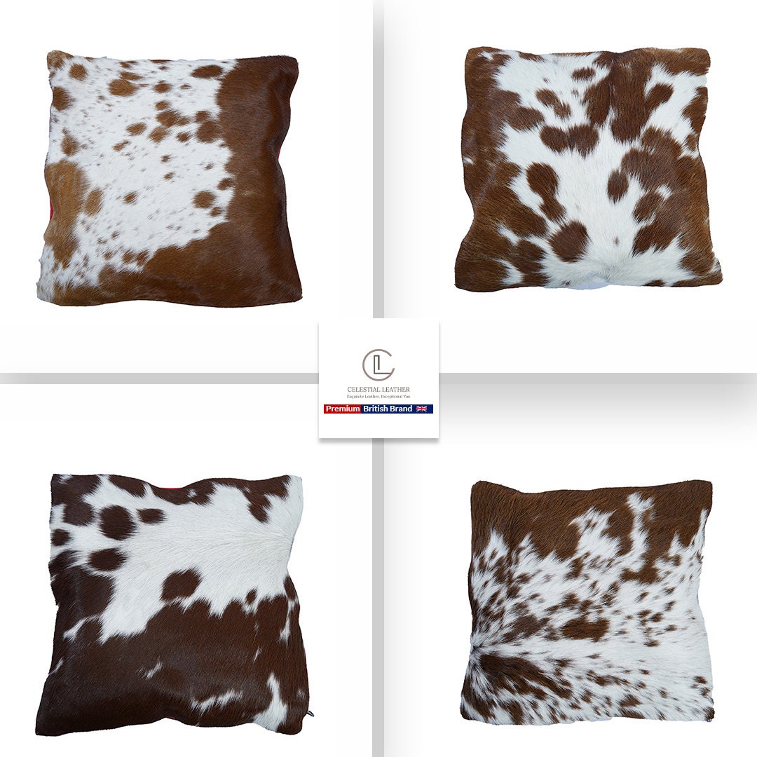 Luxurious Handmade Cowhide Cushion Cover - Rustic Elegance with Velvet Back, Reversible Hair On Design - Brown, Black, and White Patterns - Celestial Leather Limited