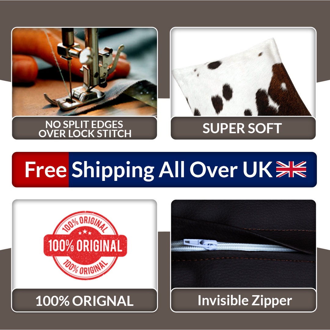 Rustic Elegance: Handcrafted Black & White Cowhide Cushion Cover with Faux Leather Back - Unique Patterns, Luxurious Comfort - Durable Build