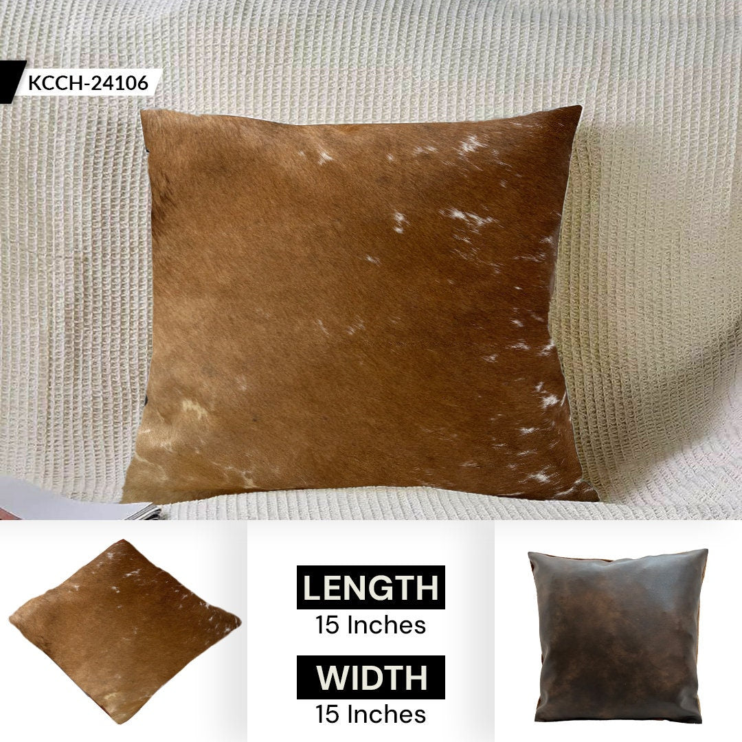 Stylish Rustic Cowhide Cushion Cover - Brown & White Hair On Leather - Eco-Friendly Decor - Genuine Hide - Hidden Zipper Closure