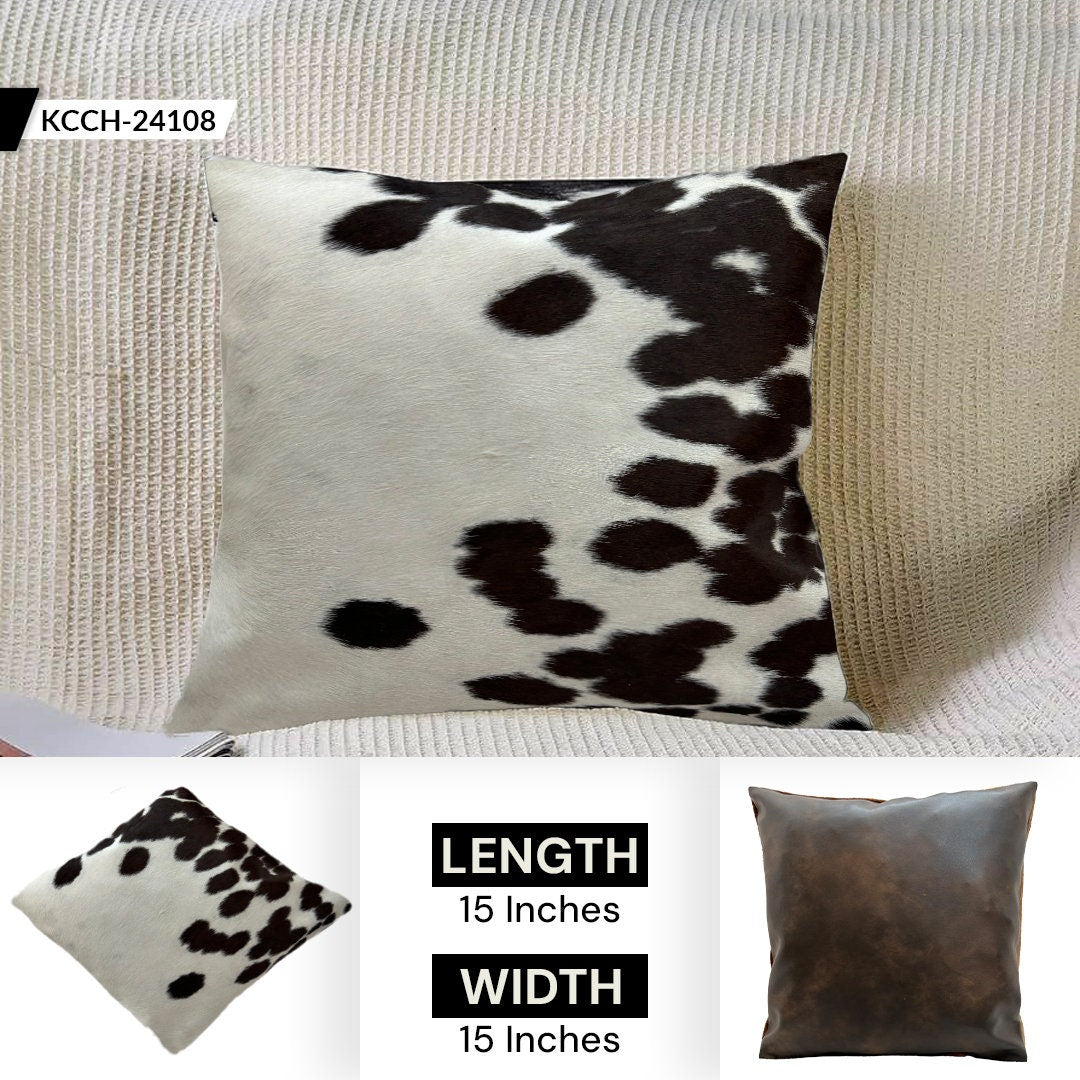 Rustic Brown & White Cowhide Cushion Cover - Stylish, Eco-Friendly - Durable - Hidden Zipper, Suede Reverse - Versatile Home Decor Accent