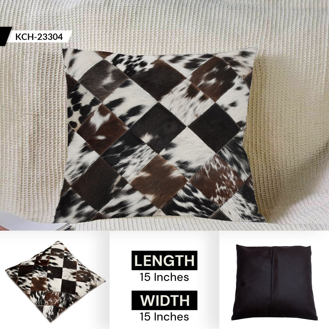 Stunning Multicolor Patchwork Cowhide Cushion Cover with Hypoallergenic Design-Includes Unique Animal Patterns & Soft Faux Leather Back