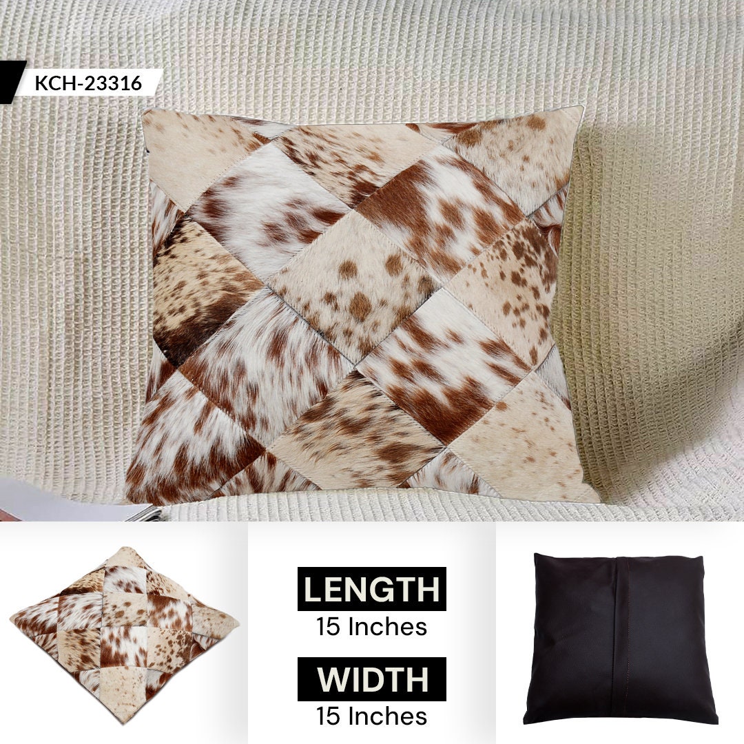 Luxurious Handmade Multicolour Patchwork Cowhide Cushion Cover for Non-Shedding Sofa - Soft Natural Hair, Unique Rustic Charm, Durable